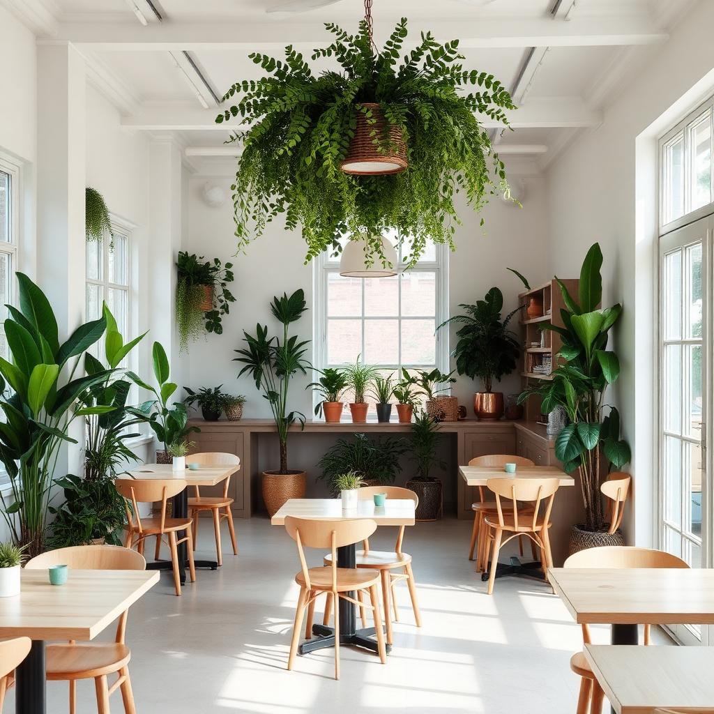 Sunlit interior of a plant-based café with pale wood and greenery