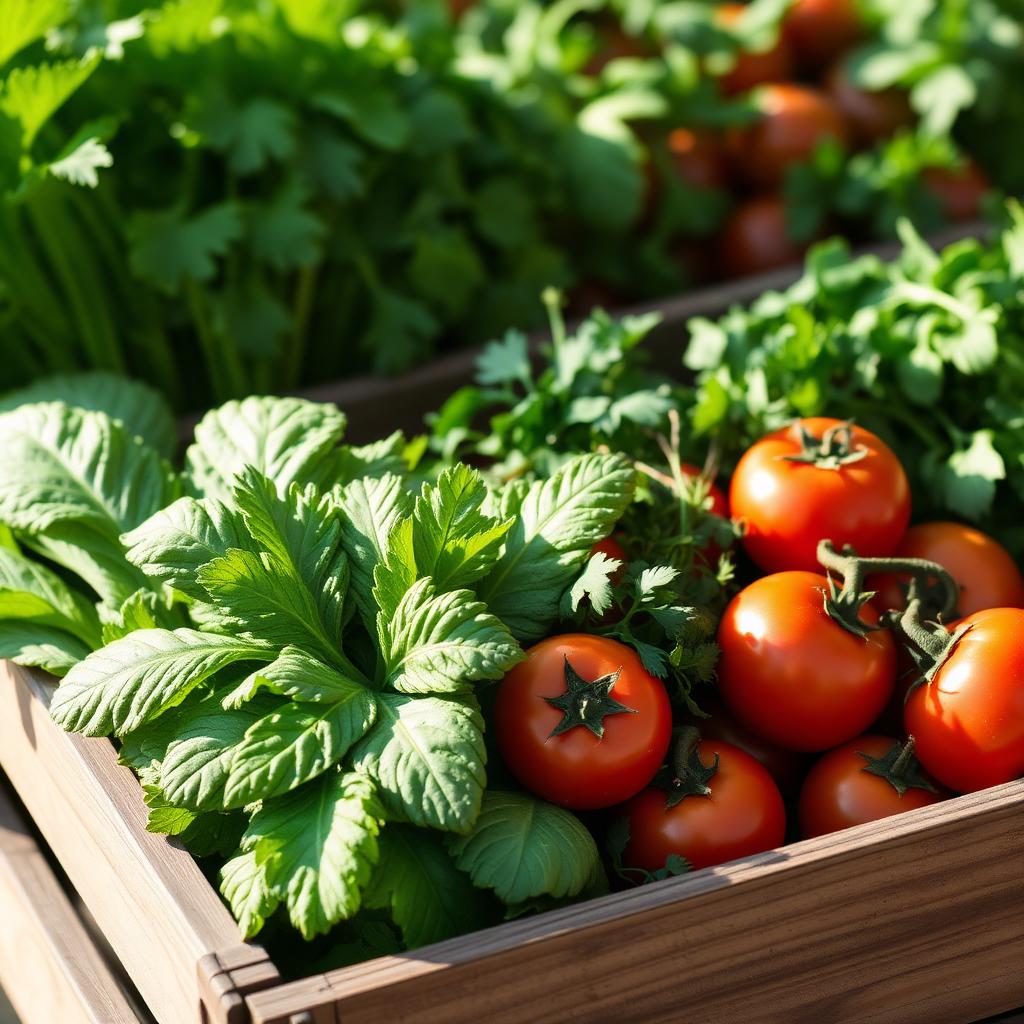 Fresh greens and heirloom tomatoes in a market crate